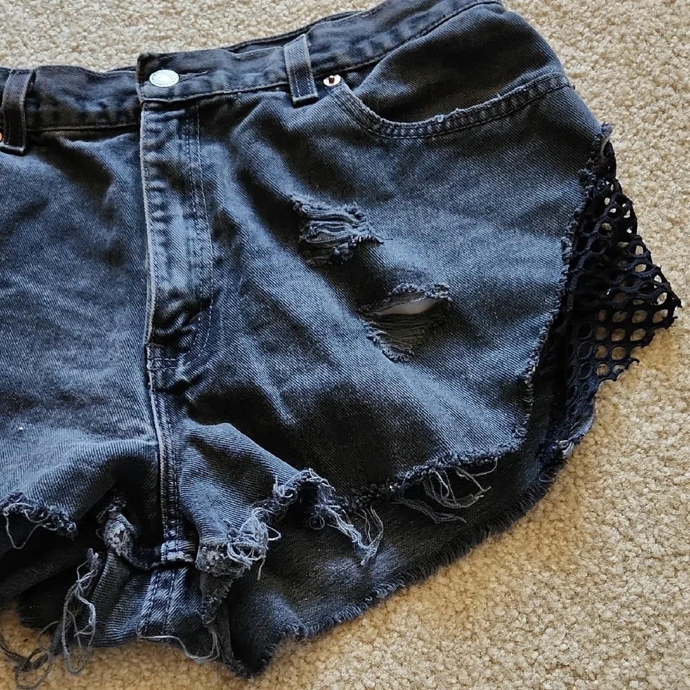 Furst of a Kind Reworked Levi's Dark Denim Distressed Shorts Mesh Sides Sz M
